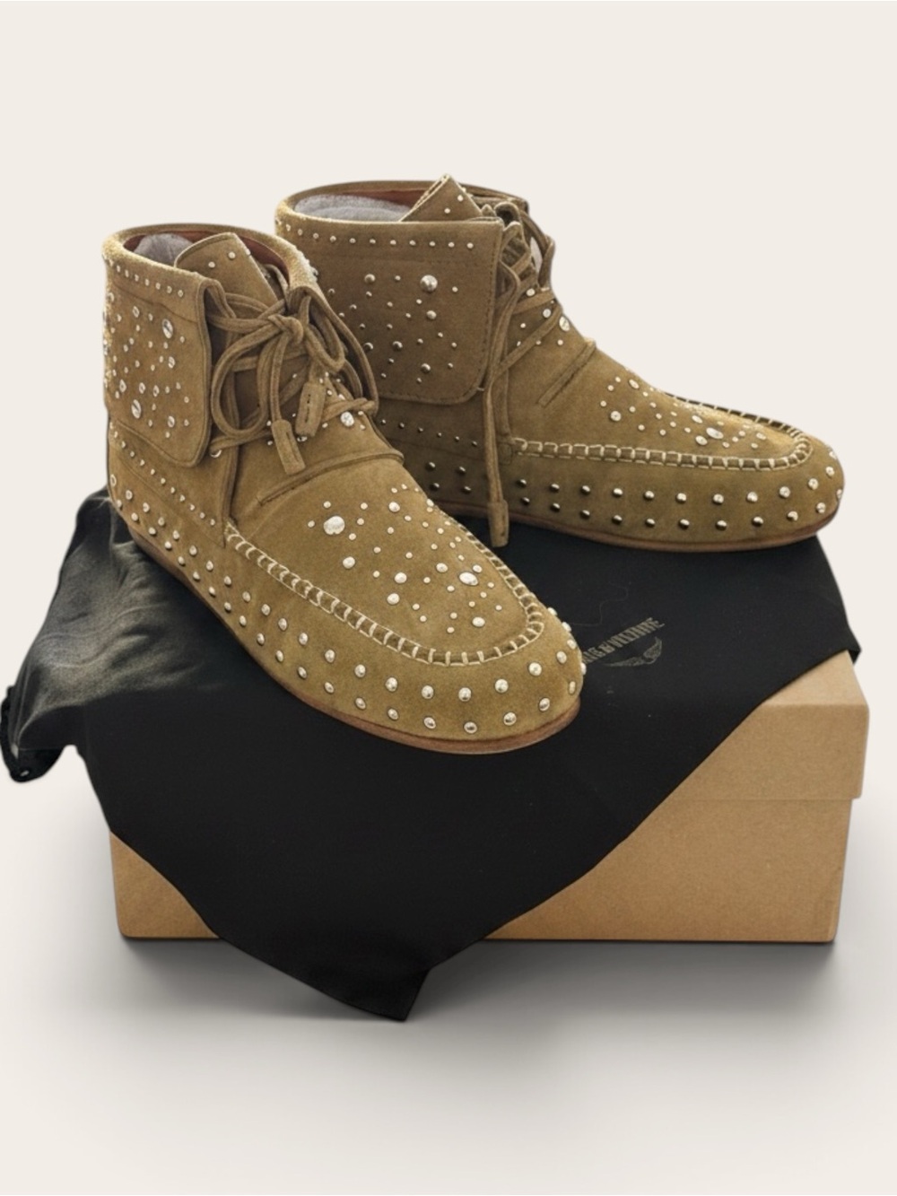 Zadig & Voltaire Tan Suede Santa Fe Dream Studs Bootie Moccasins 40 New in Box!